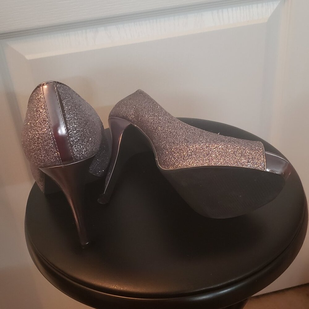 Pewter Sparkling peep toe platform heels (W) worn 1x
